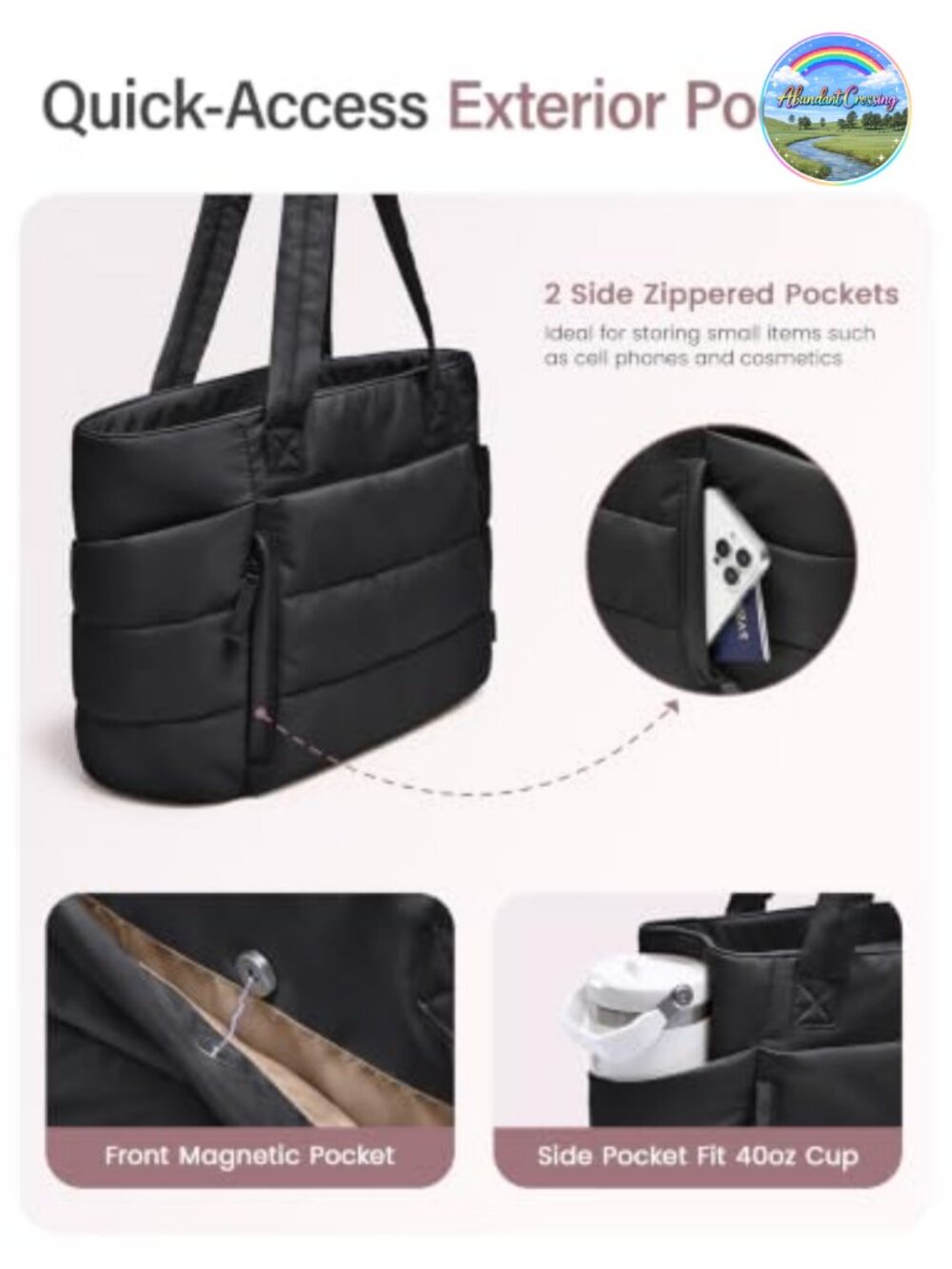 Quilted Puffer Tote Bag with Zipper Lightweight Laptop Work Travel - Picture 3 of 6